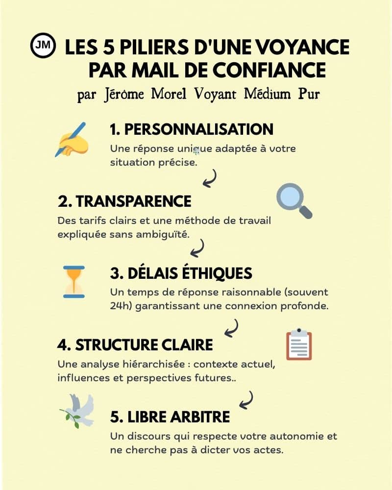 Infographie récapitulative des 5 critères d'une voyance par mail de confiance par Jérôme Morel.